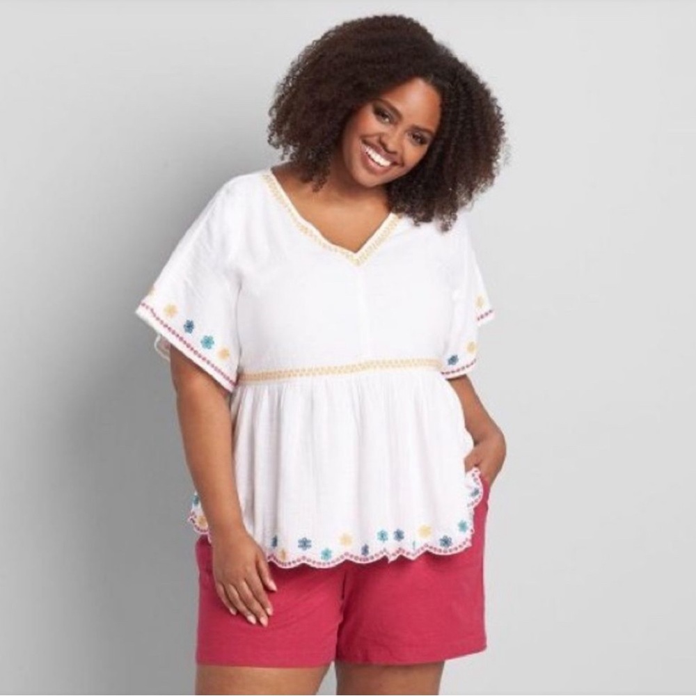 Lane Bryant V Neck White Babydoll Embroidered Cotton Blouse with Lining Size 16.
